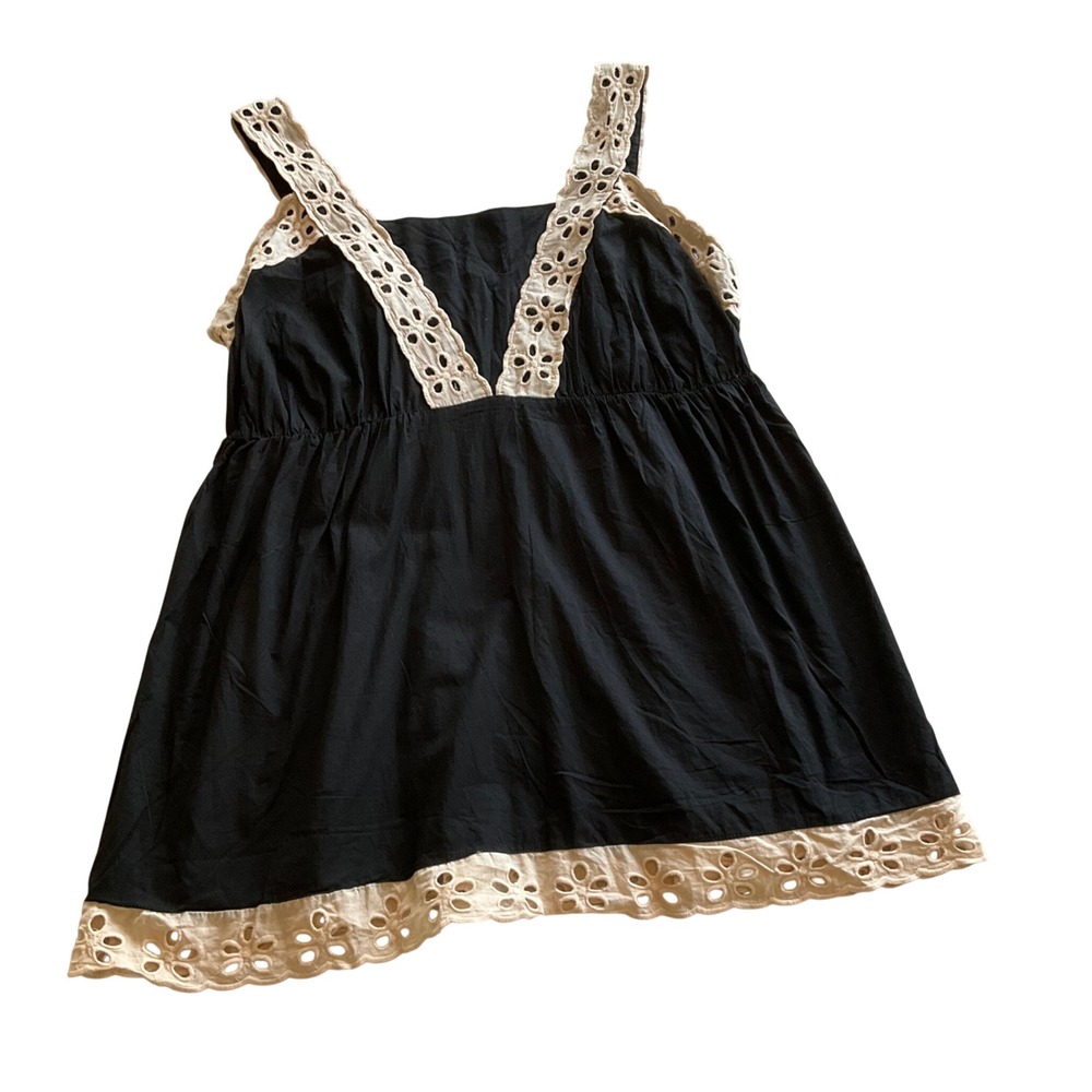 Venezia‎ Babydoll Top Women 28 Black Eyelet Lace Trim Cotton Sleeveless Smocked